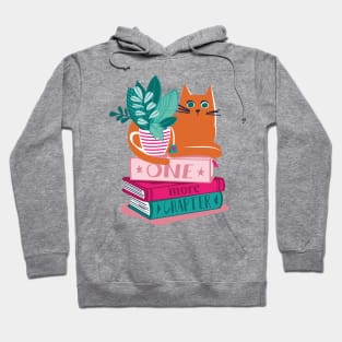 One more chapter // spot // pastel pink background orange tabby cat striped mug with plants orange teal and yellow books with quote Hoodie